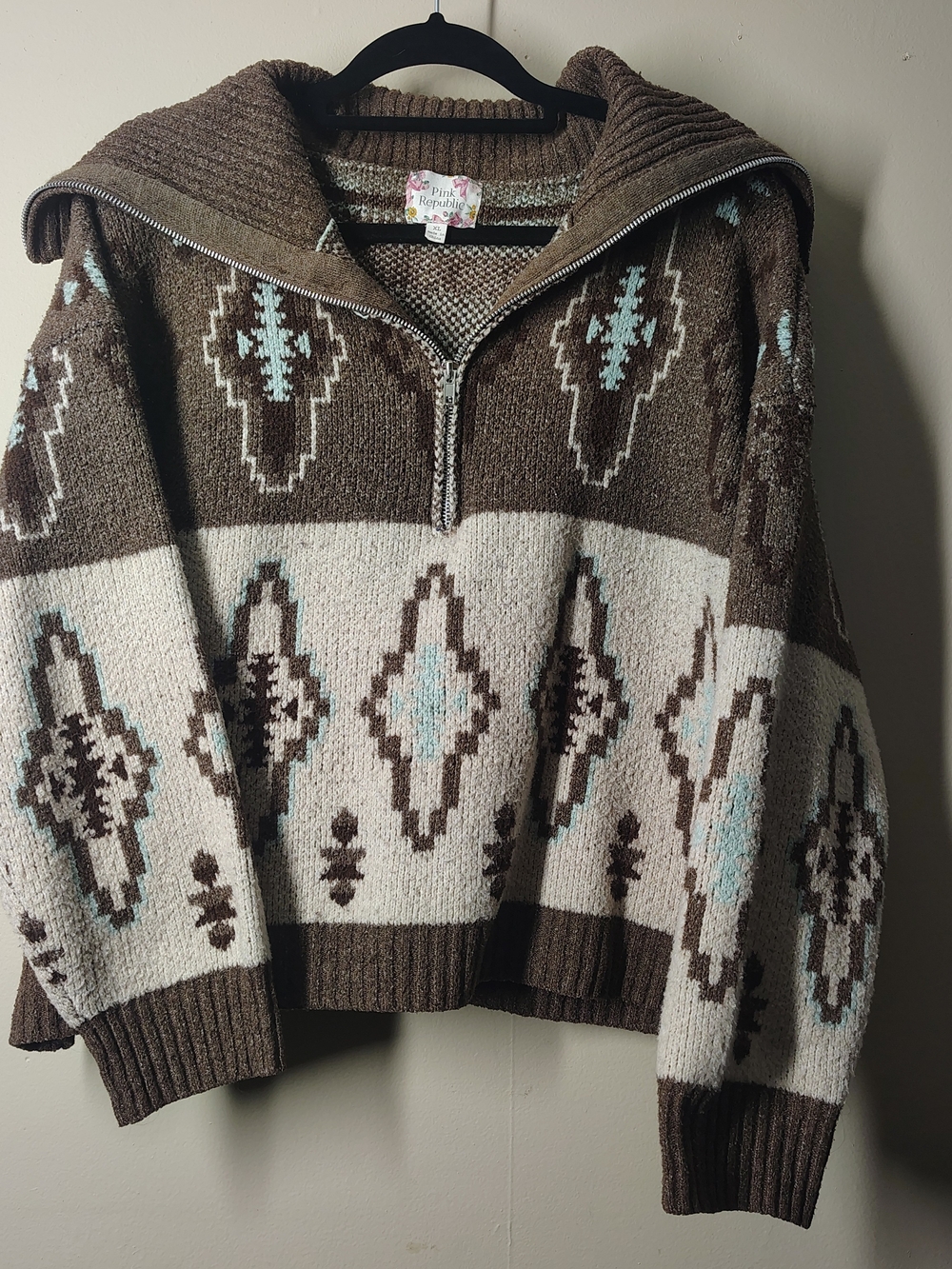 Pink Republic Brown & Cream Knit Sweater with Light Blue Accents